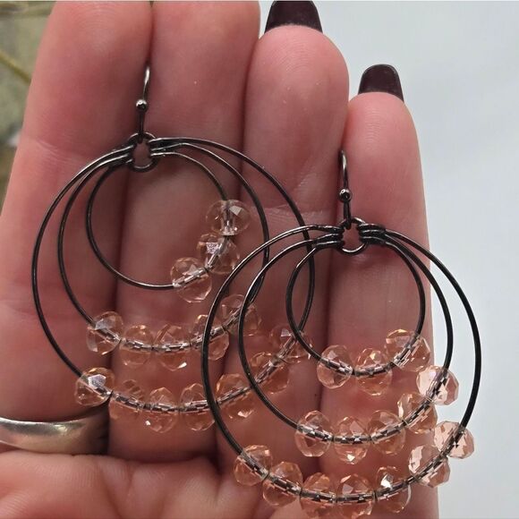"5/$25" Gunmetal Peach Crystal Layered Circle Dangle Earrings - Picture 6 of 6